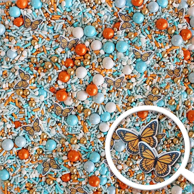 Sprinkle Pop Monarch Butterfly Sprinkle Mix| Blue Orange Sprinkles with ~10 Butterfly Wafer Paper and Gold Dragees| Decorating Sprinkles Made In USA for Mother?셲 Day Cupcakes Cakes Cookies Donuts, 2oz