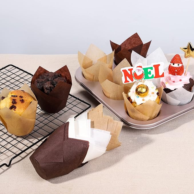 Nordic Paper100pcs Large Size Brown Tulip Cupcake Liners for Baking Cups EU Parchment paper Tulip Muffin Liners, Cupcake Wrapper for Party, Christmas