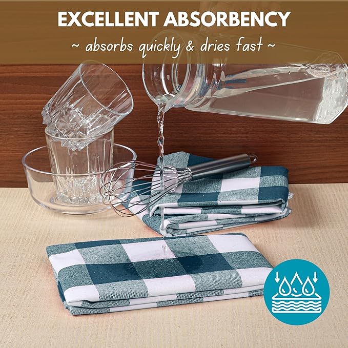 Native Fab 4-Pack Kitchen Towel with Hanging Loop 16x26 inches, Cotton Buffalo Check Kitchen Towels for Cleaning Drying, Washcloths Soft & Absorbent Cloth Rags, Bar Towel, Dish Cloth, Teal Green