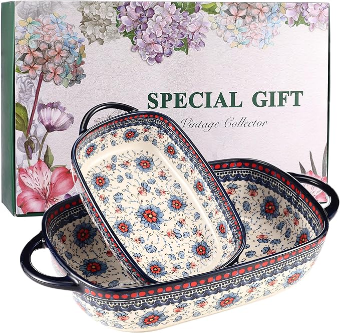 Ceramic Baking Dish Set of 2 ??Decorative Polish Pottery Style Casserole Dishes with Handles, Cute Oven-Safe Lasagna Bakeware Gift Set