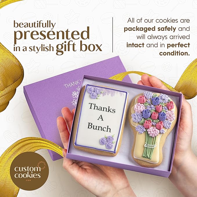 Gourmet Floral Thank you Cookie Gift Basket | 2 Large 2.5 x 4.5 in Vanilla Sugar Cookies Hand-Decorated Snack Variety Pack | Kosher Bakery Care Package For Women, Men Boys & Girls