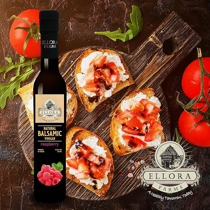 Ellora Farms, Raspberry Balsamic Vinegar, Thick and creamy, Barrel aged, No-added sugar, Award Winning, Glass bottle, 8.45 oz., Pack of 1
