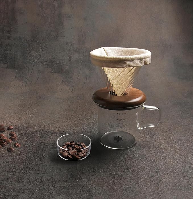 ATHIA Glass Pour Over Coffee Dripper Set, Glass Cone Dripper, Reusable Cloth Filter, Leather Cup Sleeve, Minimal Single Cup SET, for outdoor, office or at home (Walnut Wood)