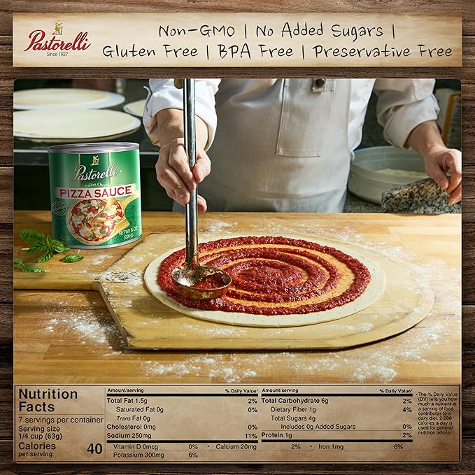 Pastorelli Pizza Sauce, Original Authentic Italian Pizza Sauce with Extra Virgin Olive Oil and Pecorino Romano Cheese Shredded, Since 1952 Family Pizza Sauce Recipe, 8 Ounce, 6-Pack