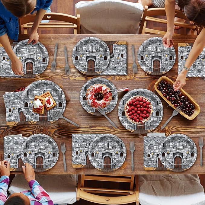 96PCS Medieval Party Plates and Napkin Castle Party Decorations Castle Knight Birthday Party Dessert Plates Medieval Themed Tableware Set for 24 Guests Kids Birthday Baby Shower Party Supplies