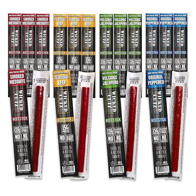 Wicked Cutz Beef Sticks Variety Pack, 4 Flavors & 15g Protein Per Meat Stick, Tender & Easy to Chew USA Made High Protein Meat Sticks, Extra Large Beef Stick, Carnivore Snacks (48 Pack)