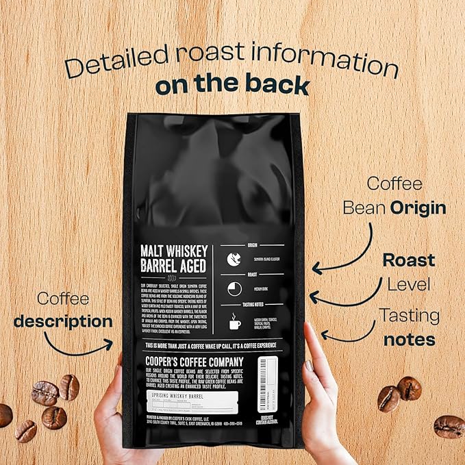 Single-Malt Whiskey Barrel Aged Coffee - Medium Dark Roast - Single Origin Sumatra Coffee Beans Aged in Stout Whiskey Barrels - 5lb Bags, Whole Bean