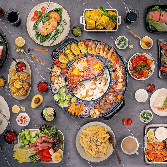 Food Party DUO Electric Smokeless Grill and Hot Pot, With Separable Cooking Plate, Deluxe Combo of 1 Recipe Book, 1 Tong, 1 Oil Brush, 1 Pack of Parchment Paper, for Hotpot KBBQ, Barbecue & Grill