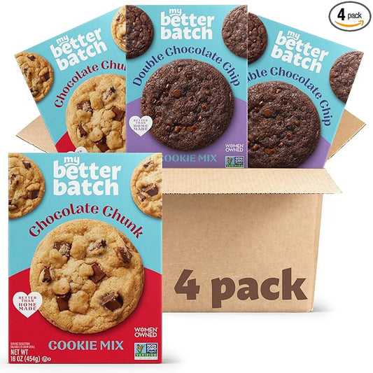 My Better Batch, Chocolate Chip and Double Chocolate Cookie Mix Variety Pack, Simple Cookie Recipe, Chocolate Cookies, Makes 64 Large Cookies, Non GMO, Kosher, 16oz (Pack of 4)