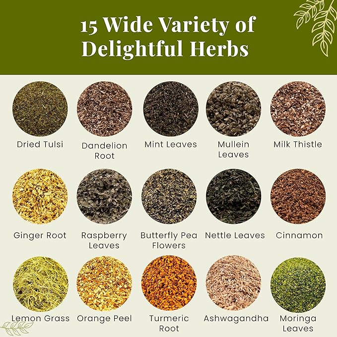 Assorted Loose Leaf Tea | 15 Delightful Herbs | Upto 900 Servings | 100% Raw & Natural | Add Health to your Soups, Smoothies, Teas and more | By Yogi's Giftยฎ