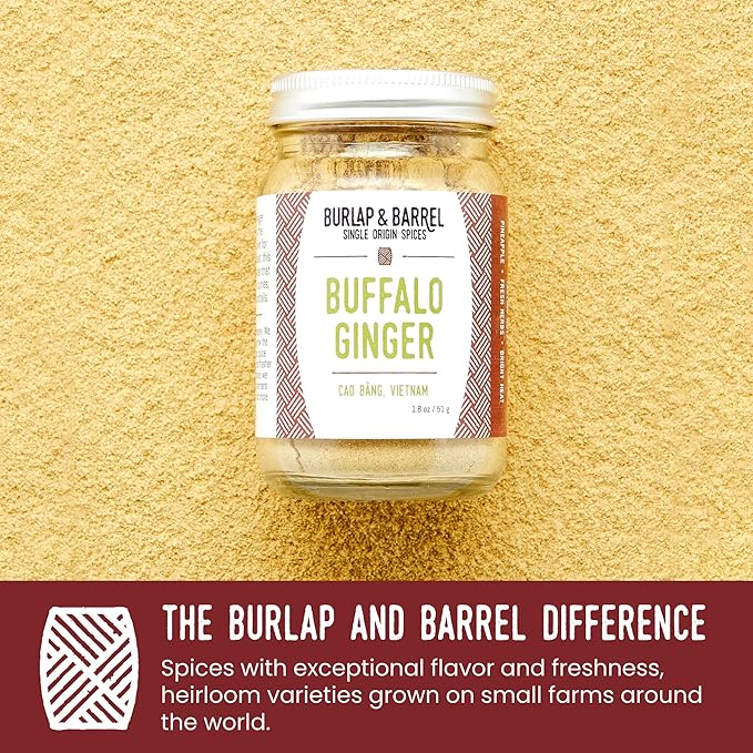 Burlap & Barrel Buffalo Ginger - Spicy, Fruity and Intense Heirloom Ginger Powder with a Bite - Add to Stir Fries, Soups, and Teas - Mother's Day Gift Ideas - 1.8oz Glass Jar