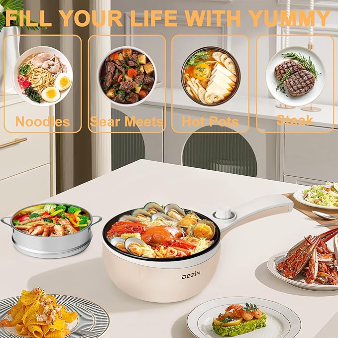 Dezin Hot Pot Electric with Steamer Upgraded, Non-Stick Saut챕 Pan, Rapid Noodles Electric Pot, 1.5L Mini Pot for Steak, Egg, Fried Rice, Ramen, Oatmeal, Soup with Power Adjustment