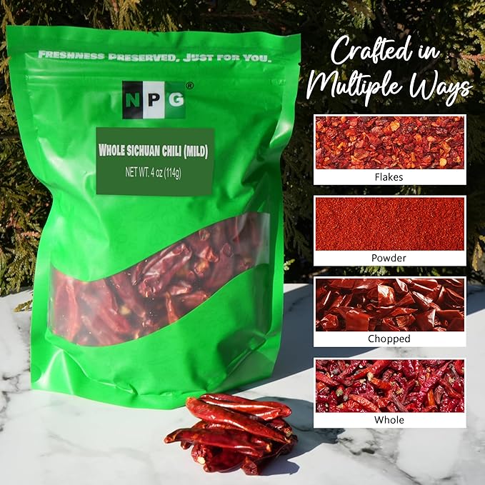NPG Sichuan Chili Peppers 4 Ounces, Mild, Used in Mexican, Chinese, Thai Dishes, Premium Szechuan Dried Red Chilies for Chili Oil, Paste, and Sauce