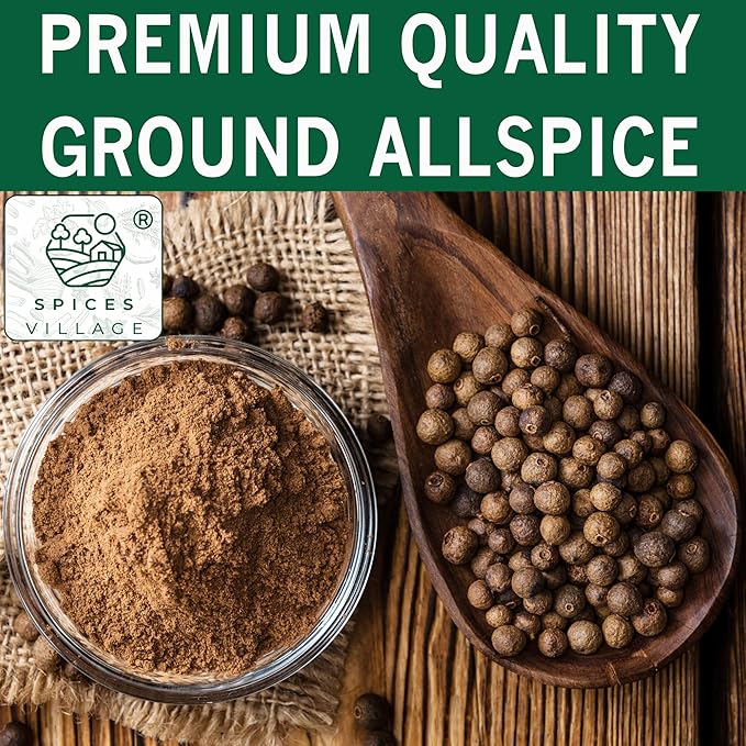 SPICES VILLAGE Ground Allspice (8 oz) - Powdered Fresh Whole Allspice Berries, Ground Jamaican Pimento Seeds, Natural Seasoning for Curries Pastries - Kosher, Gluten Free, Non GMO, Resealable Bulk Bag
