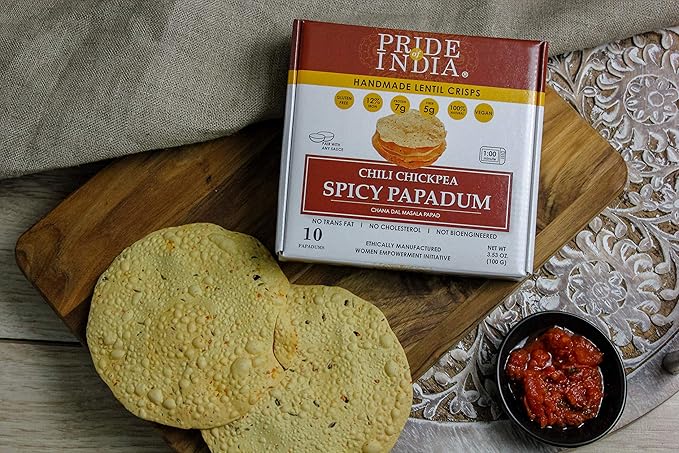 Pride Of India - Spicy Chickpea Masala Papadum Lentil Crisp, 10 count (3.53oz - 100gm) - Microwaveable Instant Chips, Gluten-Free Vegan Crackers, Healthy Protein, Fiber & Iron Rich Snacks