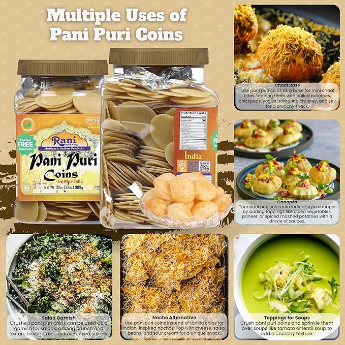 Rani Pani Puri Coins (Uncooked, Microwaveable Wheat Semolina Coins) 32oz (2lbs) 908g w/Pani Puri Masala (14-Spice Blend for Indian Spicy Water) 1.75oz (50g) ~ All Natural | Vegan | NON-GMO | Kosher