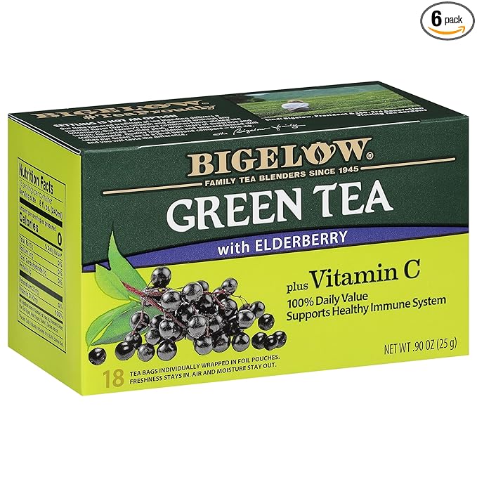 Bigelow Tea Green Tea with Elderberry Plus Vitamin C, Caffeinated Tea with Elderberry, 18 Count Box (Pack of 6), 108 Total Tea Bags