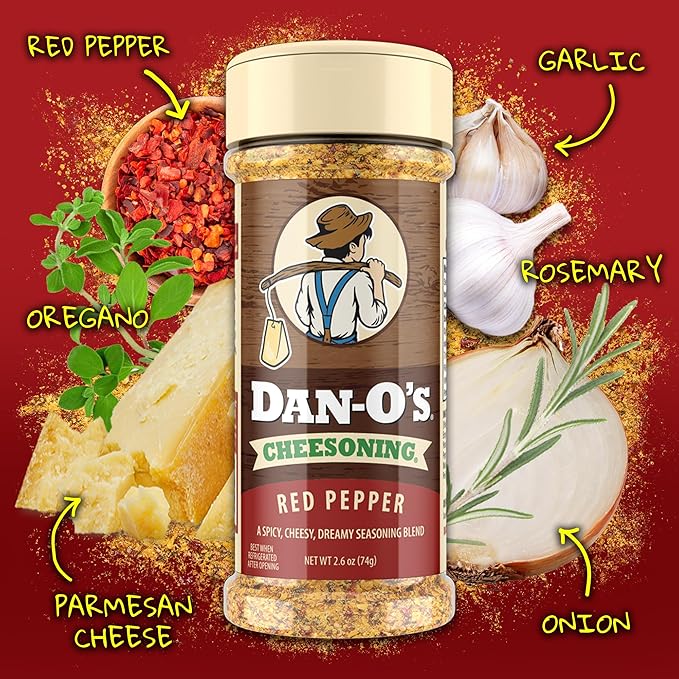 Dan-O's Red Pepper Cheesoning Seasoning, 2.6 oz Bottle, 2 Pack, Cheesy Seasoning for Pizza, Popcorn, Chicken and More, Sugar Free, Zero Calorie, Bold Parmesan Cheese Replacement for your Favorite Food