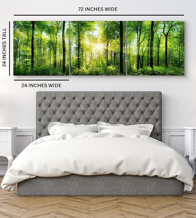 Forest Wall Art Decor - Large Canvas Art 24x72 - 3 Panel Green Nature Print - Forest Picture of Trees Wall Art - Landscape Nature Canvas Wall Art for Living Room, Bedroom & Office