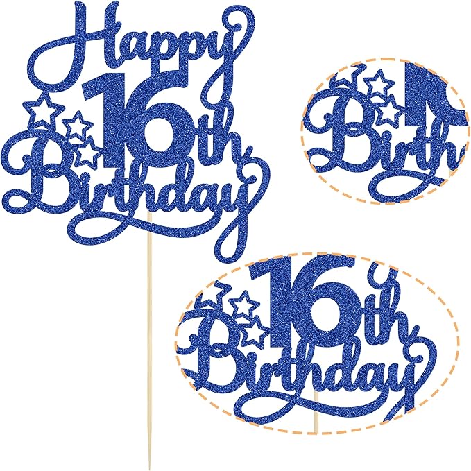 1 Pack Happy 16th Birthday Cake Topper Glitter Sweet 16 Cake Pick Birthday 16th Birthday Cake Decorations for Children 16th Theme Party Supplies Blue