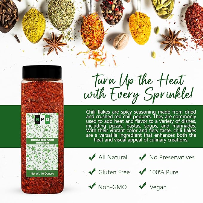 NPG Authentic Sichuan Chili Flakes 1LB 16 Ounces, Medium Hot, Szechuan Crushed Red Pepper Flakes