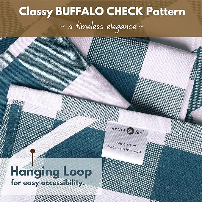 Native Fab 4-Pack Kitchen Towel with Hanging Loop 16x26 inches, Cotton Buffalo Check Kitchen Towels for Cleaning Drying, Washcloths Soft & Absorbent Cloth Rags, Bar Towel, Dish Cloth, Teal Green