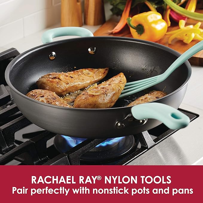 Rachael Ray Cucina Nonstick Bakeware Set Baking Cookie Sheets Cake Muffin Bread Pan, 10 Piece, Latte Brown with Cranberry Red Grips & KitchenTools and Gadgets Nylon Cooking Utensils, 2 Piece, Red