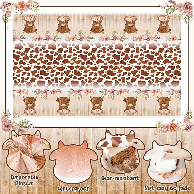 3Pcs Highland Cow Party Tablecloths, Brown Highland Cattle Birthday Table Cover, Brown Cow Print Themed Party Decorations Plastic Disposable Rectangular Table Cloth Decor for Kids Birthday Baby Shower