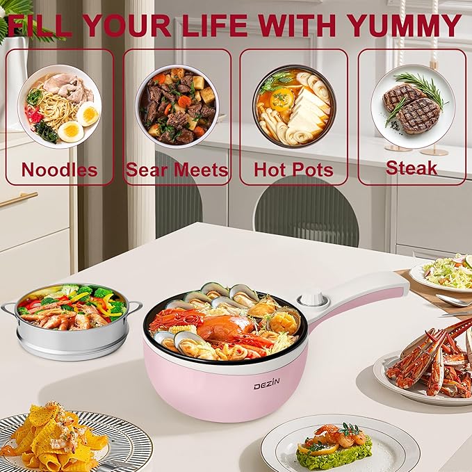 Dezin Hot Pot Electric with Steamer Upgraded, Non-Stick Saut챕 Pan, Rapid Noodles Electric Pot, 1.5L Mini Pot for Steak, Egg, Fried Rice, Ramen, Oatmeal, Soup with Power Adjustment