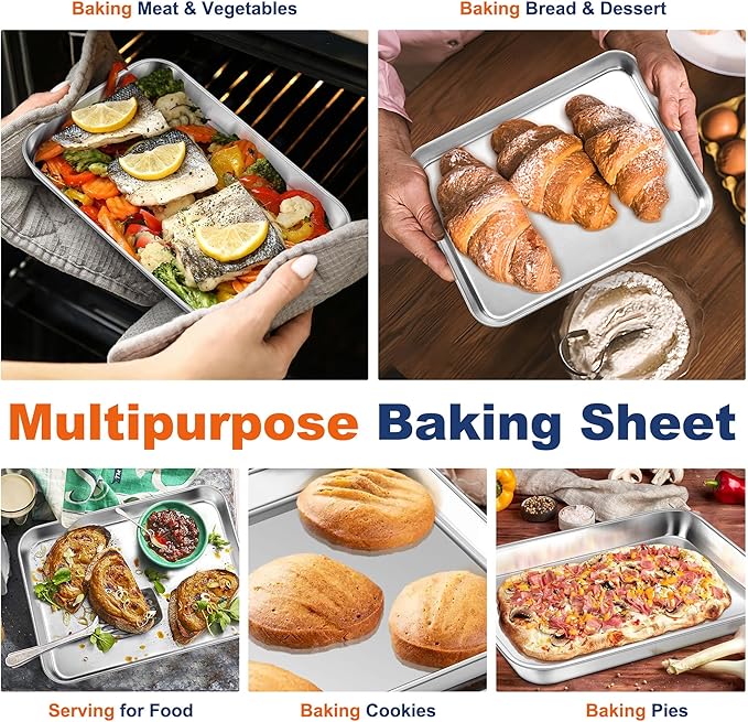 P&P CHEF 10.5 Inch Baking Cookie Sheet, Oven Pan Tray Stainless Steel Sheet Pan for Kitchen, Oven Bakeware for Multi Uses, Shiny Look & Dishwasher Safe, Healthy & Heavy Duty, 1Pc