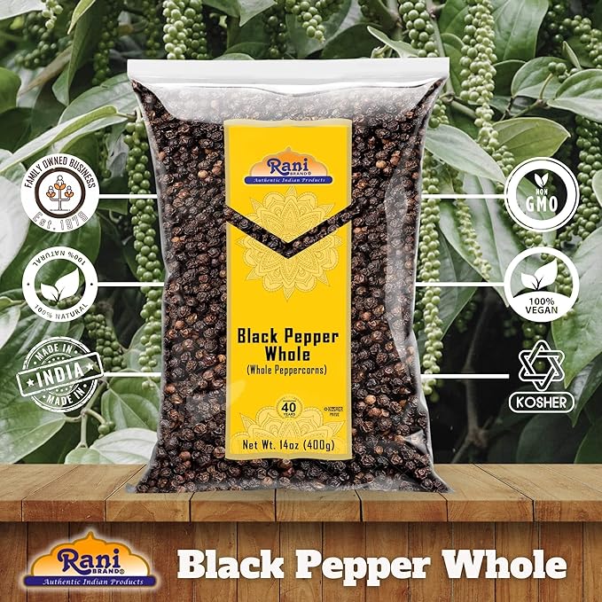 Rani Black Pepper Whole (Peppercorns), Premium MG-1 Grade 14oz (400g) ~ All Natural | Gluten Friendly | Non-GMO | Kosher | Product of Vietnam | Perfect size for Grinders!