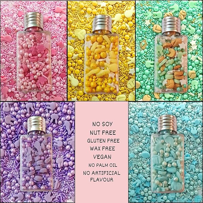 Confect Easter Sprinkles Edible | Assorted pack of 5 Parrot Green, Pink, Sky Blue and Yellow Pearls & Stars I Cookies, Desserts & cupcake Decorating | Edible Sprinkles Mix for Baking & Cake Decorative