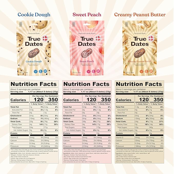 True Dates, Sweet Flavor Variety, 3-3.5 Ounce Bags (Creamy Peanut Butter, Cookie Dough, Sweet Peach) - Dates With Candy Flavor, Vegan, No Added Sugar, Gluten Free