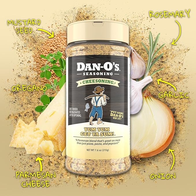 Dan-O's Cheesoning Seasoning, 7.6 oz Bottle, All Purpose Seasoning for Pizza, Popcorn, Chicken, Bread and More, Sugar Free, Zero Calorie, Parmesan Cheese Replacement for your Favorite Foods