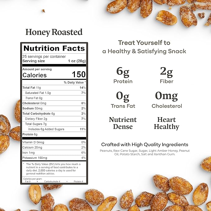 Belmont Peanuts Gourmet Honey Roasted Virginia Peanuts, 25 oz (1 Pack) ??Only 8 Simple Ingredients, No Preservatives, 6g Protein ??A Premium, Sweet, Salty, Crunchy, Hand Seasoned Snack