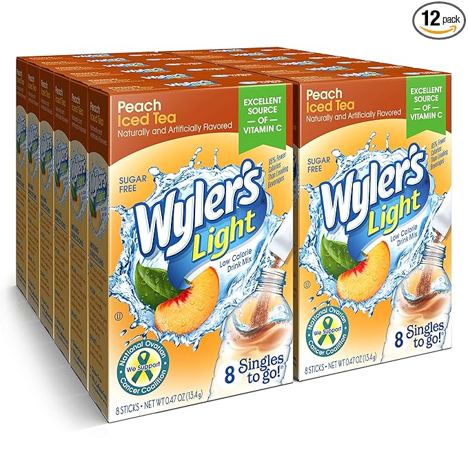 Wyler's Light Singles To Go Powder Packets, Water Drink Mix, 96 Single Servings, Peach Iced Tea, 7 Ounce (Pack of 12), 5.64 Ounce