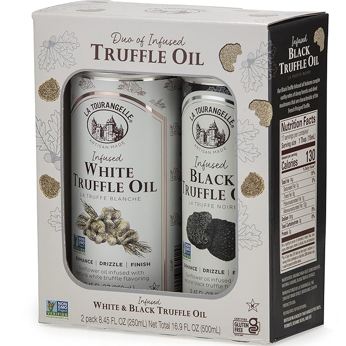 La Tourangelle, White Truffle Oil & Black Truffle Oil Set, Complex Gourmet Earthy Flavor for Drizzling over Pasta, Popcorn, Vegetables, Potatoes, Soup and More, Gift Box, 8.45 Fl Oz Each (Set of 2)