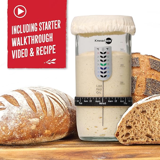 Sourdough Starter Jar With Date Marked Feeding Band, Thermometer, Sourdough Jar Scraper, Sourdough Container Sewn Cloth Cover & Metal Lid, Sourdough Starter Kit (2 Pack)