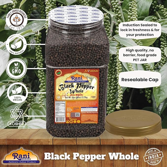 Rani Black Pepper Whole (Peppercorns), Premium MG-1 Grade 80oz (5lbs) 2.27kg Bulk PET Jar ~ All Natural | Gluten Friendly | Non-GMO | Kosher | Product of Vietnam | Perfect size for Grinders!