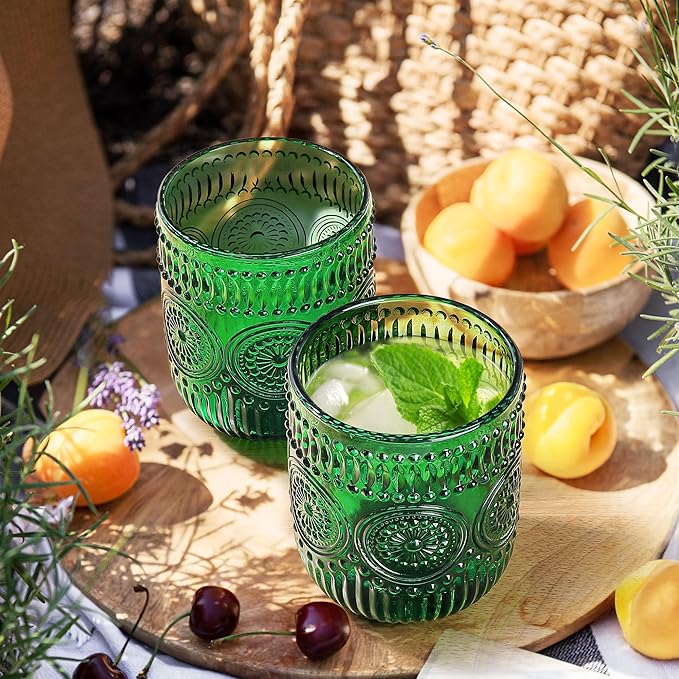 Joeyan Vintage Green Drinking Glasses Set of 4,9 oz Embossed Sunflower Small Water Glass Tumbler Cups,Colored Romantic Beaded Glassware for Beverages Cocktail Juice Wine,Dishwasher Safe