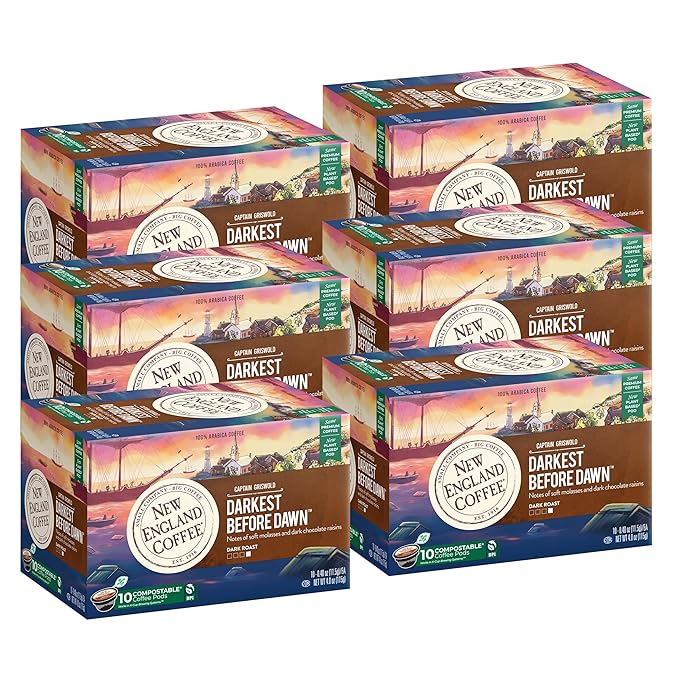 New England Coffee Darkest Before Dawn Dark Roast Single Serve Pods, 10ct Box (Pack of 6)