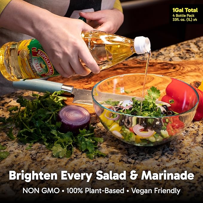 Refined Sunflower Oil, 1 Gal (4 x 1L), Premium Imported Ukrainian Cooking Oil, NON GMO, Halal & Kosher Certified, Neutral Oil for Frying & Salad