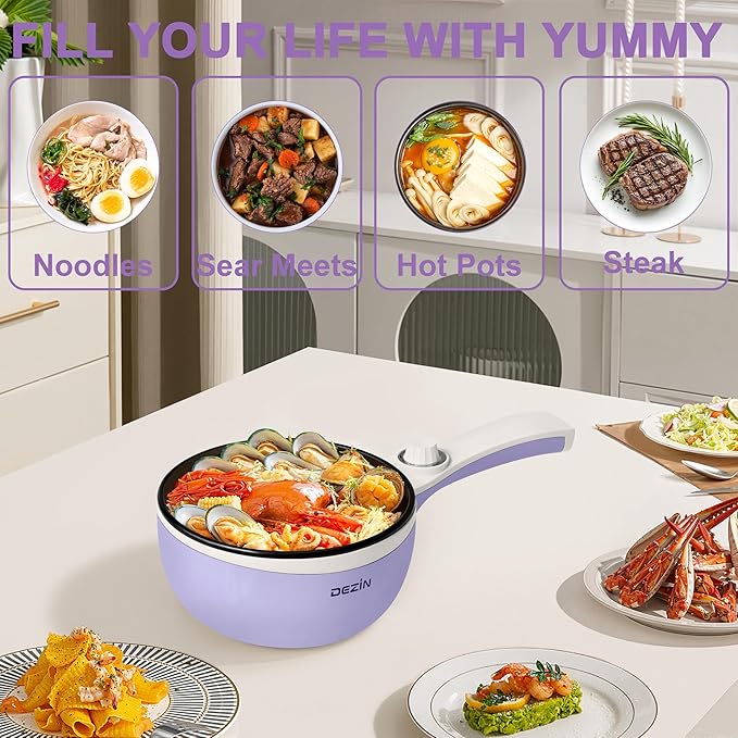 Dezin Hot Pot Electric Upgraded, Non-Stick Saut챕 Pan, Rapid Noodles Electric Pot, 1.5L Mini Portable Hot Pot for Steak, Egg, Fried Rice, Ramen, Oatmeal, Soup with Power Adjustment