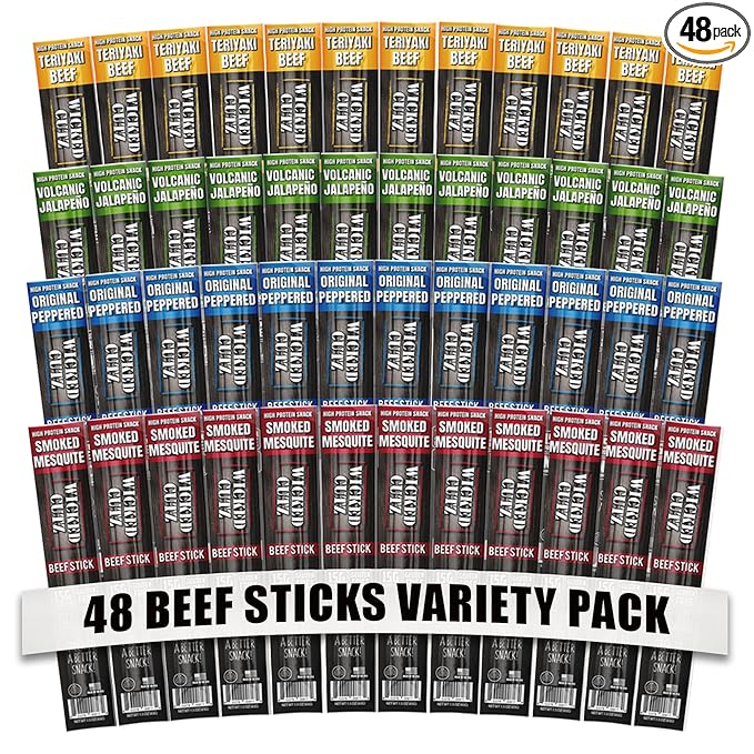 Wicked Cutz Beef Sticks Variety Pack, 4 Flavors & 15g Protein Per Meat Stick, Tender & Easy to Chew USA Made High Protein Meat Sticks, Extra Large Beef Stick, Carnivore Snacks (48 Pack)