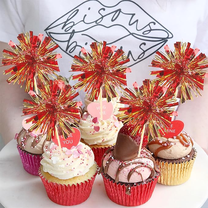 Rsstarxi 30 Pack Foil Firework Cupcake Toppers Sparkle Tinsel Drink Cake Decorations Cocktail Picks for New Years Valentine's Day Birthday Wedding Graduation Party Decorations Gold Red