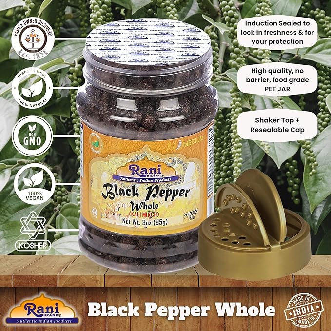 Rani Black Pepper Whole (Peppercorns), Premium MG-1 Grade 3oz (85g) PET Jar ~ All Natural | Gluten Friendly | Non-GMO | Kosher | Product of Vietnam | Perfect size for Grinders!