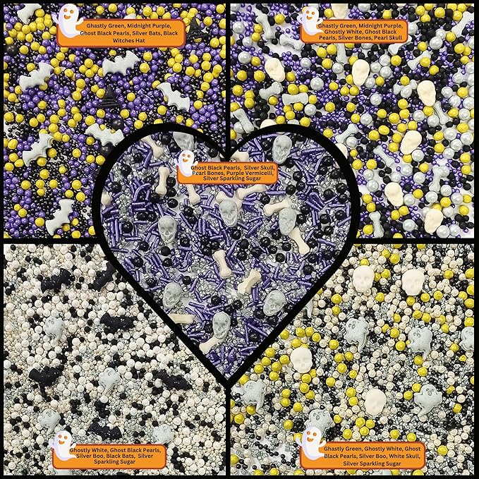 Confect Sprinkles ??Edible Pearl Mix in White, Purple, Black & Ghastly Green with Ghost Party Shapes: Boo, Bats & Bones ??Halloween Sprinkles for Cupcakes, Cookies & Spooky Treats- 5 Oz