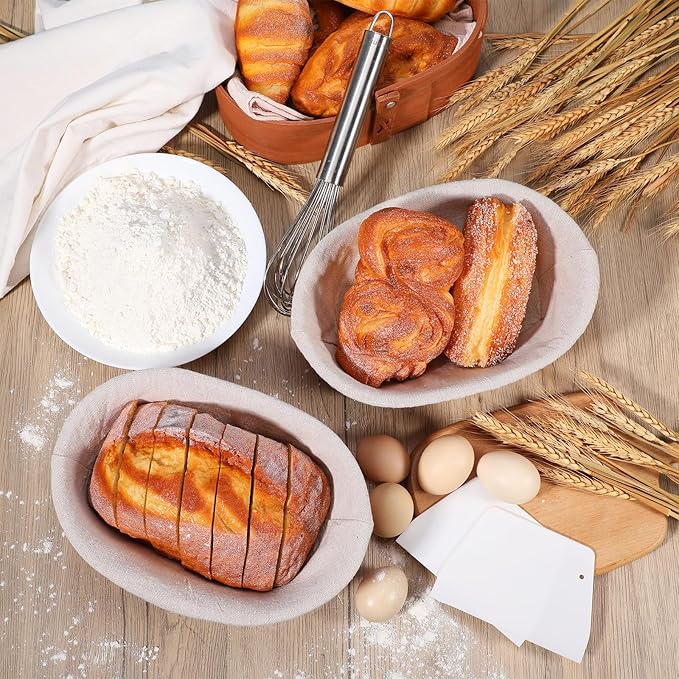Nuogo 4 Pack Oval Bread Proofing Basket Silicone 10 Inch Collapsible Sourdough Bread Baking Supplies Dough Proofing Bowl with 4 Pcs Dough Scraper and 4 Pcs Basket Covers(Orange)