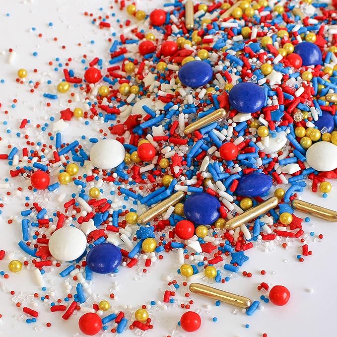 Sprinkle Pop Old Glory Sprinkle Mix| Red White Blue Sprinkles with Gold Metallics| Decorating Patriotic Sprinkles Made in USA for 4th of July Independence Day Cakes Cupcakes Donuts Cookies, 2oz