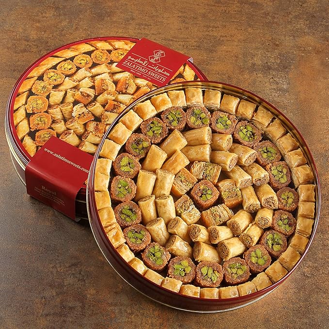 Zalatimo Sweets Since 1860, 100% All Natural Assorted Baklava, Slightly Sweet Baklava in Round Metal Gift Tin, No Preservatives, No Additives, No Corn Starch, No Syrups! 2.2Lbs